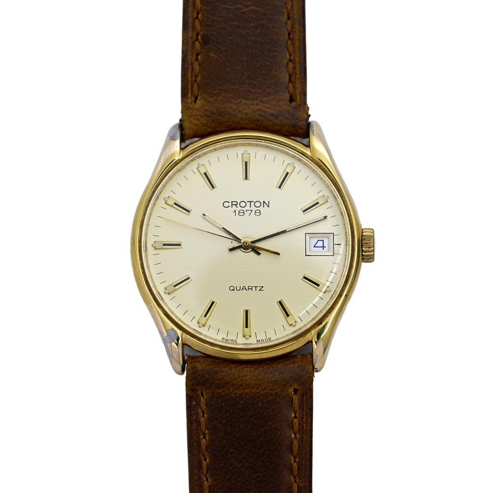 Croton Swiss Made Vintage 1980's Men's Gold Plated Wrist Watch 33mm Quartz